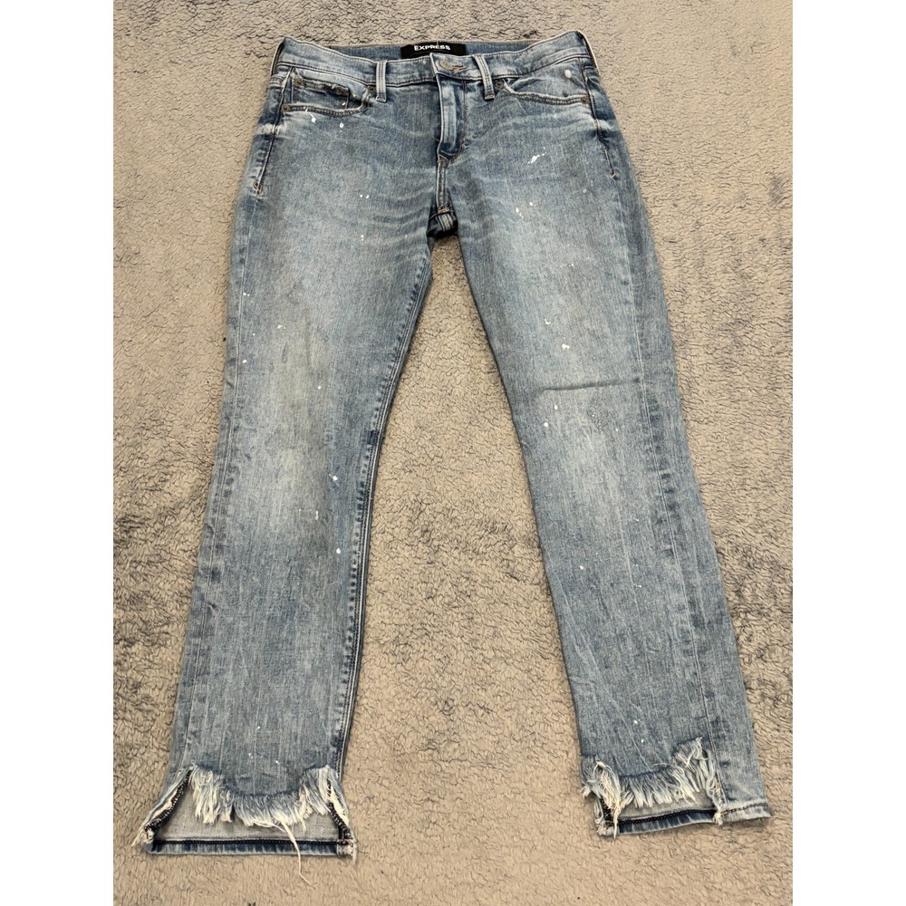 Express Jeans Women’s 2S Blue Denim Super Skinny Mid Rise Raw Hem Speckled
